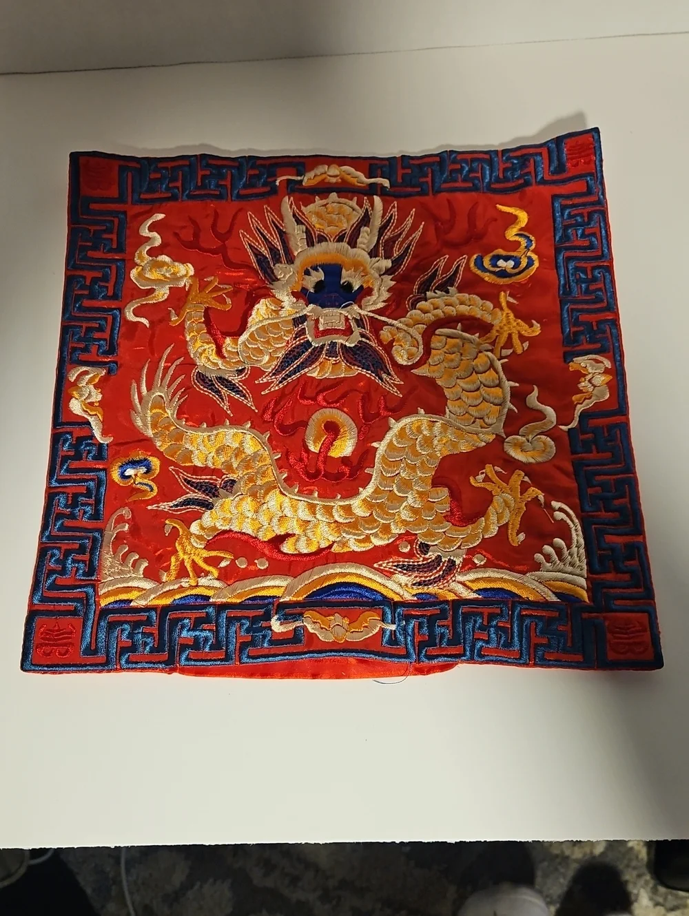 Embroidered Dragon Pillow Cover - Red, Gold, Blue